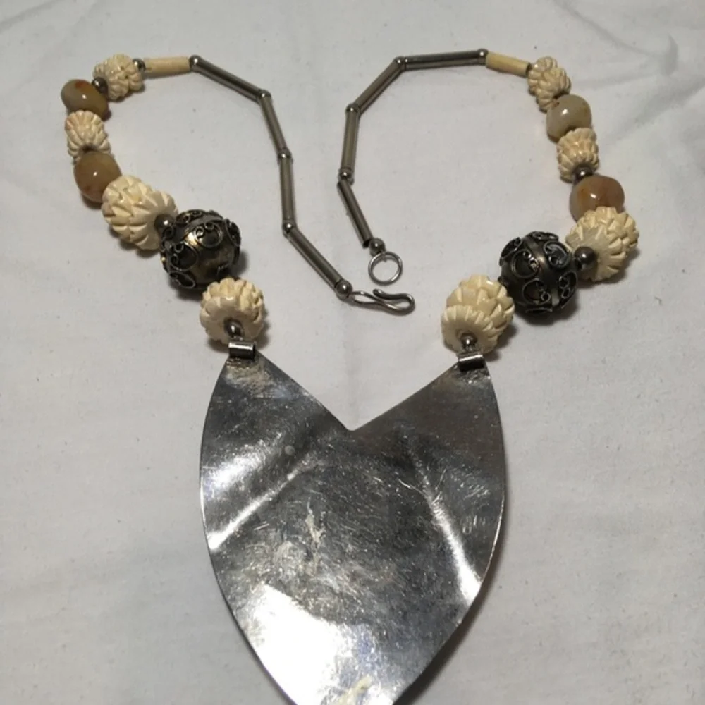 Vintage Ethnic Boho Style Sterling Silver & Gobi Agate Handmade Beaded Necklace